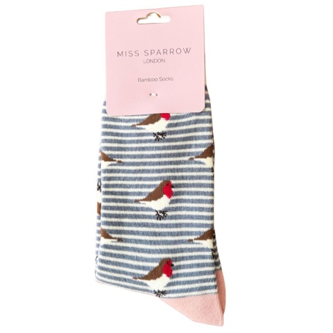 Miss Sparrow Bamboo Robins on Stripes Socks Denim