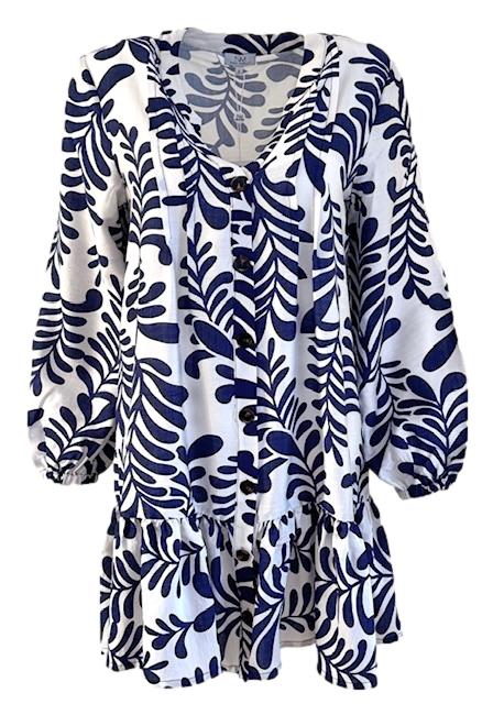 Nina Murati Cream and Navy Leaf Print Dress