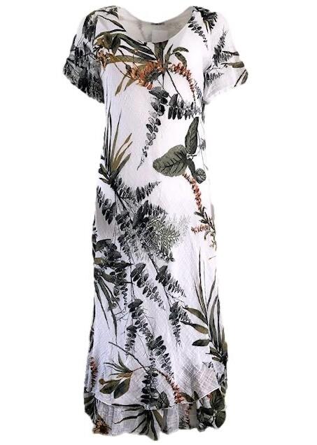 Nina Murati Italian White Long Line Leaf Pattern Dress